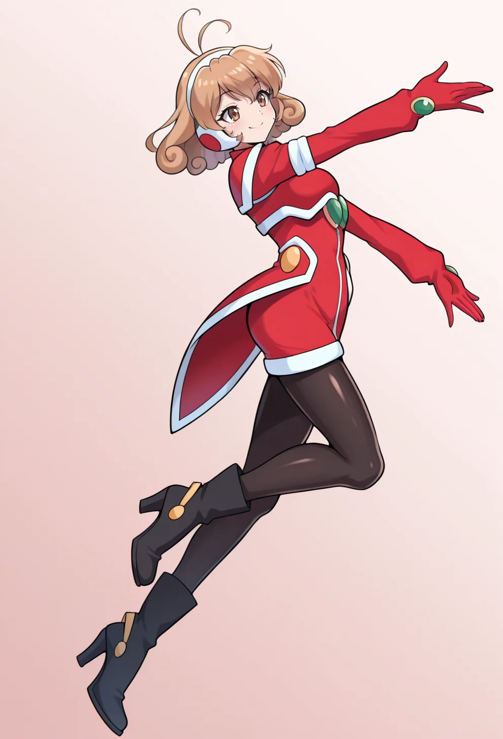 masterpiece, best quality, high quality, anime, <lora:AEYui_1:1>
AEYuiFire, brown eyes, brown hair, curly hair, short hair, hairband, bodysuit, red gloves, black pantyhose, black footwear, boots, high heels,
smile, simple background, outstretched arm,