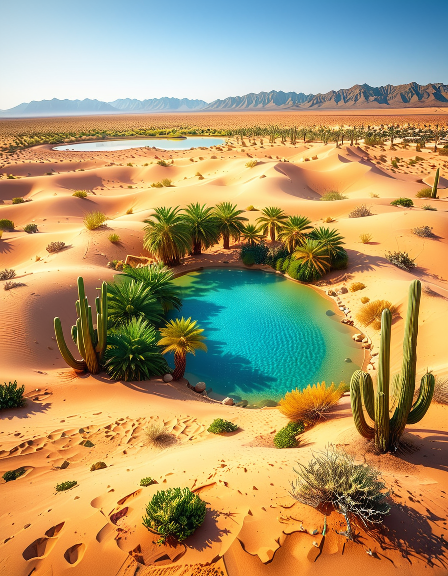A serene oasis in the middle of an expansive golden desert, surrounded by rolling sand dunes under a vibrant blue sky. The oasis features a small, crystal-clear lagoon with calm, reflective water, bordered by lush green palm trees and colorful tropical plants. The scene is bathed in warm sunlight, with soft golden light illuminating the sand and creating subtle shadows among the dunes. In the background, faint silhouettes of distant mountains blend into the horizon. A few wisps of white clouds drift lazily in the sky, adding depth and texture to the composition. The overall atmosphere is peaceful and tranquil, evoking a sense of calm and wonder in the harsh desert landscape.<lora:SDXLFaeTastic2400:0.4> <lora:extremely_detailed:0.4> extremely detailed, <lora:O4s1s:1>,O4s1s, Masterpiece,best quality,hi res,8k,hi res,8k,award winning,(sharp focus, intricate, highly detailed),