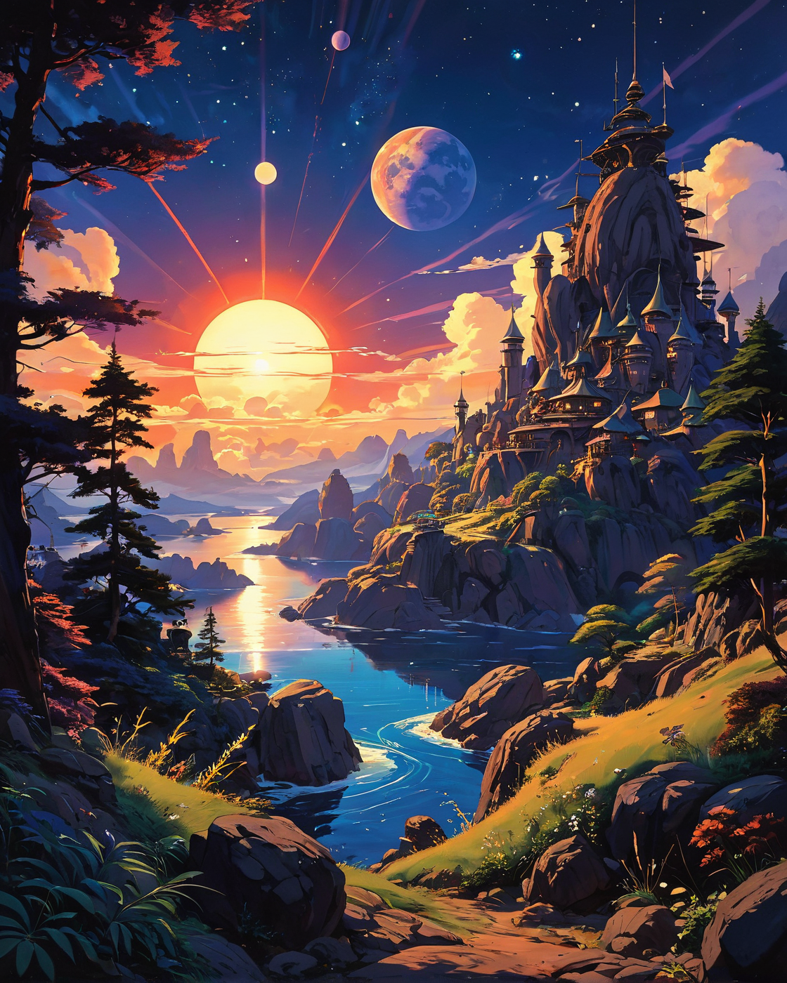 (epic landscape:1.5),  (studio ghibli drawing), (studio ghibli painting),best quality, masterpiece, extremely detailed,  professional  art,  professional painting, an extremely delicate and beautiful, dynamic,  great lighting, perfect shading, professional shading, depth of field,   side soft light, elegant, gorgeous, highly detailed,   full shot, uncropped,   pure genious, absolutely perfect,  highly detailed, breathtaking,  
image style is Fill Light and Hard Edge Lighting Shadow/Highlight Enhancement and Split Toning and Infrared Effect , , futuristic with fluid detail in the style of Syd Mead  ,, coronal flares and galaxy  and earthlike planet, beautiful light scenery, cinematic lighting, godrays, light beams,
<lora:EldritchRomanceIllustration1.3.1:0.5>,
 <lora:- SDXL - vanta-black_contrast_V3.0:0.2>,
 <lora:add-detail-xl:0.7>,
 <lora:detailed_notrigger:0.7>,
