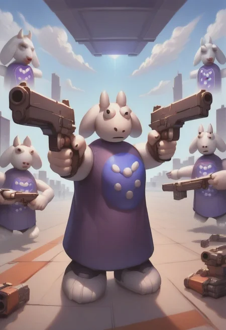 score_9, score_8_up, score_7_up, source_cartoon, 3dtoriel, solo, furry, tpose, holding gun, handgun, akimbo, dual wielding