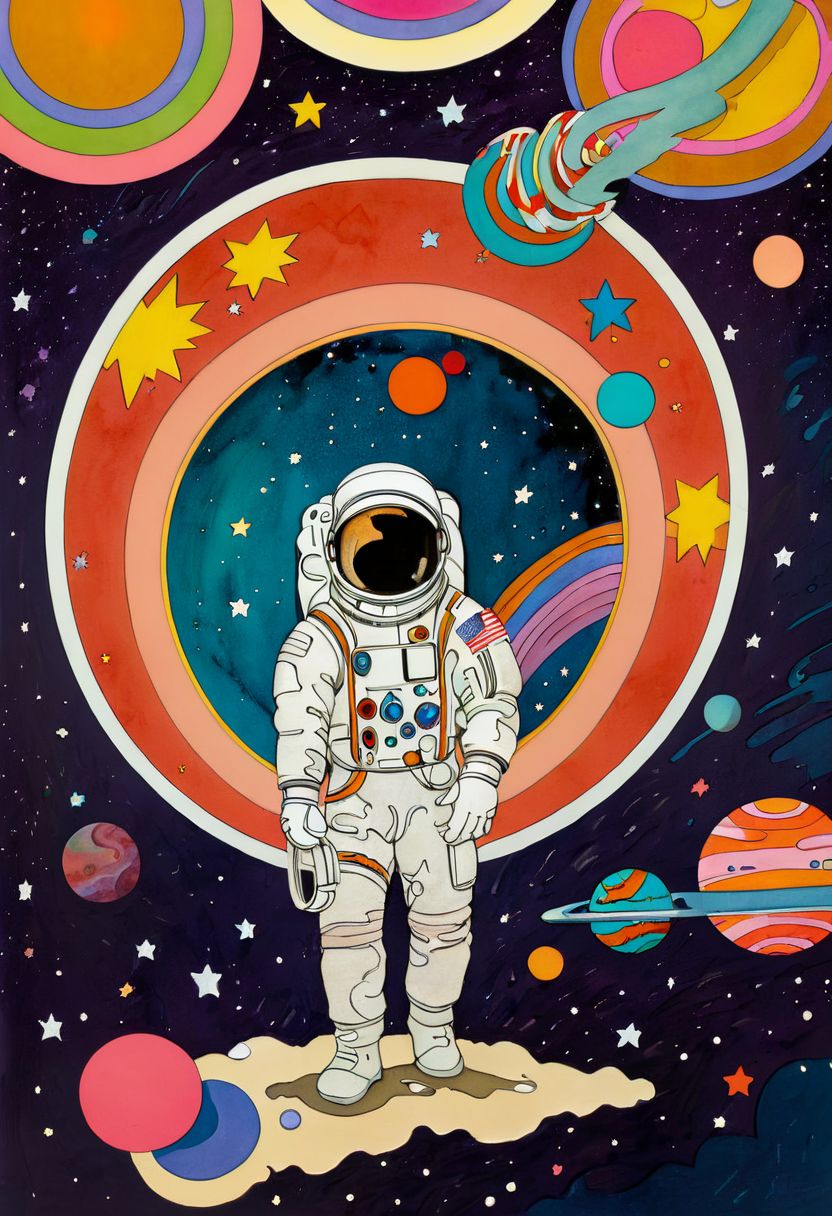 a design of a astronaut in the foreground and a circular bordered background filled out with large colorful planet and stars in the style of milton-glaser. Centered, Watercolor backdrop, mesmerizing, solo, vibrant, Masterpiece, (8k:1.5), enhanced resolution, best quality, enhanced details, best artist, sharp edges, detailed textures, ((full body shot)), atmospheric lighting, visually stunning, perfect composition, trending on behance