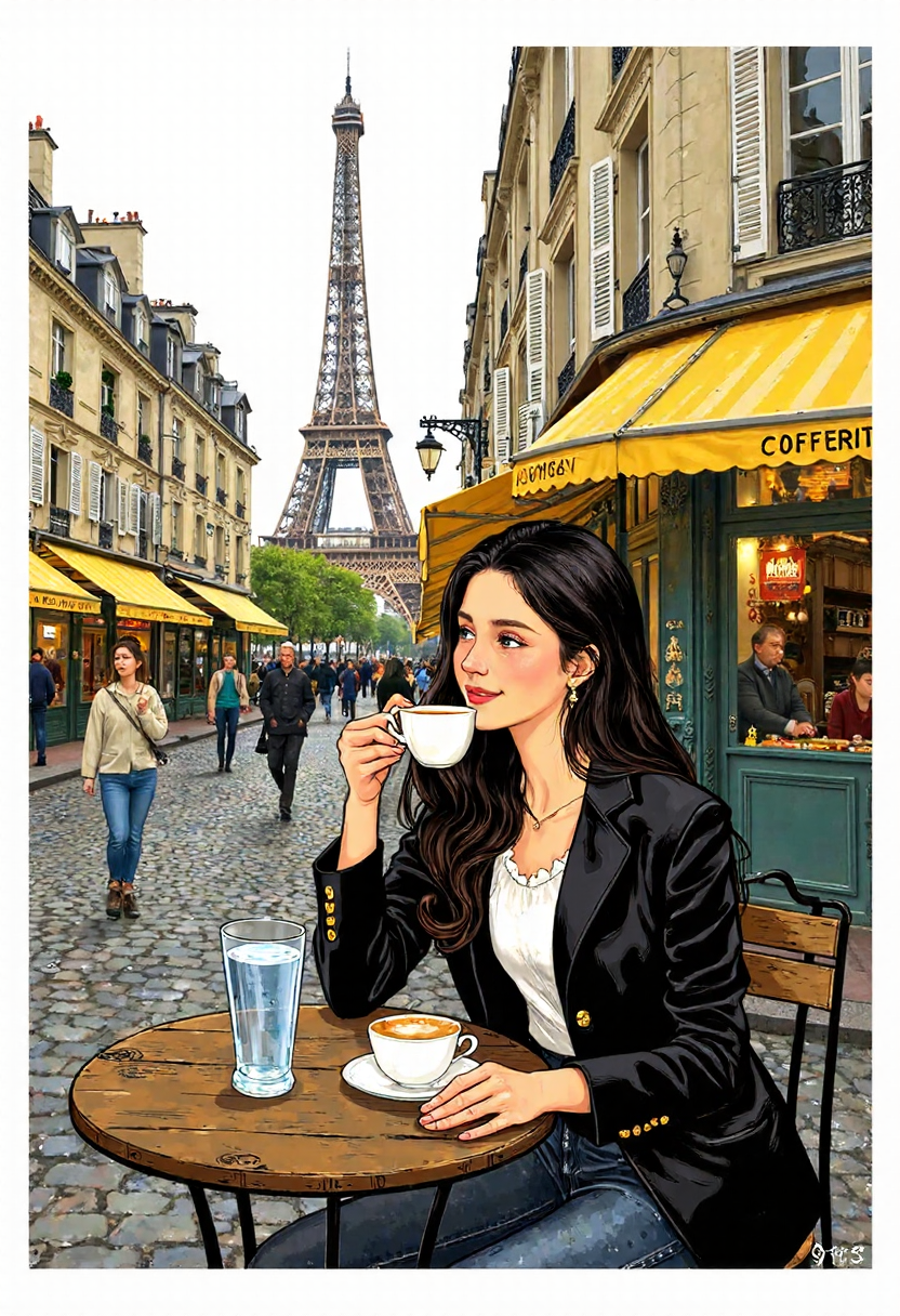 Clip L palech_style A young woman, with long dark hair and dressed in a chic black blazer, sits serenely at a small table on the cobblestone streets of Paris. She gracefully holds a white coffee cup in her right hand while gazing off to the side with a gentle smile adorning her face. A transparent glass filled with water rests next to her on the weathered wooden tabletop. In the distant background, other people bustle along the street amidst buildings featuring vibrant yellow awnings, including the iconic Eiffel Tower standing tall and majestic above them all. The sky is overcast with muted grays, casting a relaxed and casual ambiance upon the scene. Illustration in the palech styleT5XXLpalech_style A young woman, with long dark hair and dressed in a chic black blazer, sits serenely at a small table on the cobblestone streets of Paris. She gracefully holds a white coffee cup in her right hand while gazing off to the side with a gentle smile adorning her face. A transparent glass filled with water rests next to her on the weathered wooden tabletop. In the distant background, other people bustle along the street amidst buildings featuring vibrant yellow awnings, including the iconic Eiffel Tower standing tall and majestic above them all. The sky is overcast with muted grays, casting a relaxed and casual ambiance upon the scene. Illustration in the palech style