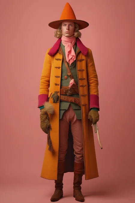 <lora:Sacha Goldberger Style:1>Sacha Goldberger Style - a photoreal image of a mystical witchhunter in the style of wes anderson