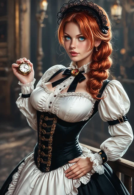 RAW photo, Hyper realistic, realistic photo, masterpiece, stunning, best quality, expression, a highly detailed, young beauty woman, ((style steampunk)), Victorian-era dress with intricate gears, curvy body, highly detailed, redhead, dynamic angle, ultraHD
dynamic pose
BREAK
(((full-clothed))), ((antique pocket watch in hands, intricate timepiece in hands))
Victorian-era cityscape background
 <lora:add-detail-xl:1>
 <lora:Dynamic Poses:1>
<lora:DandonFuga_Style_v.2_-_Pony:0.8> 