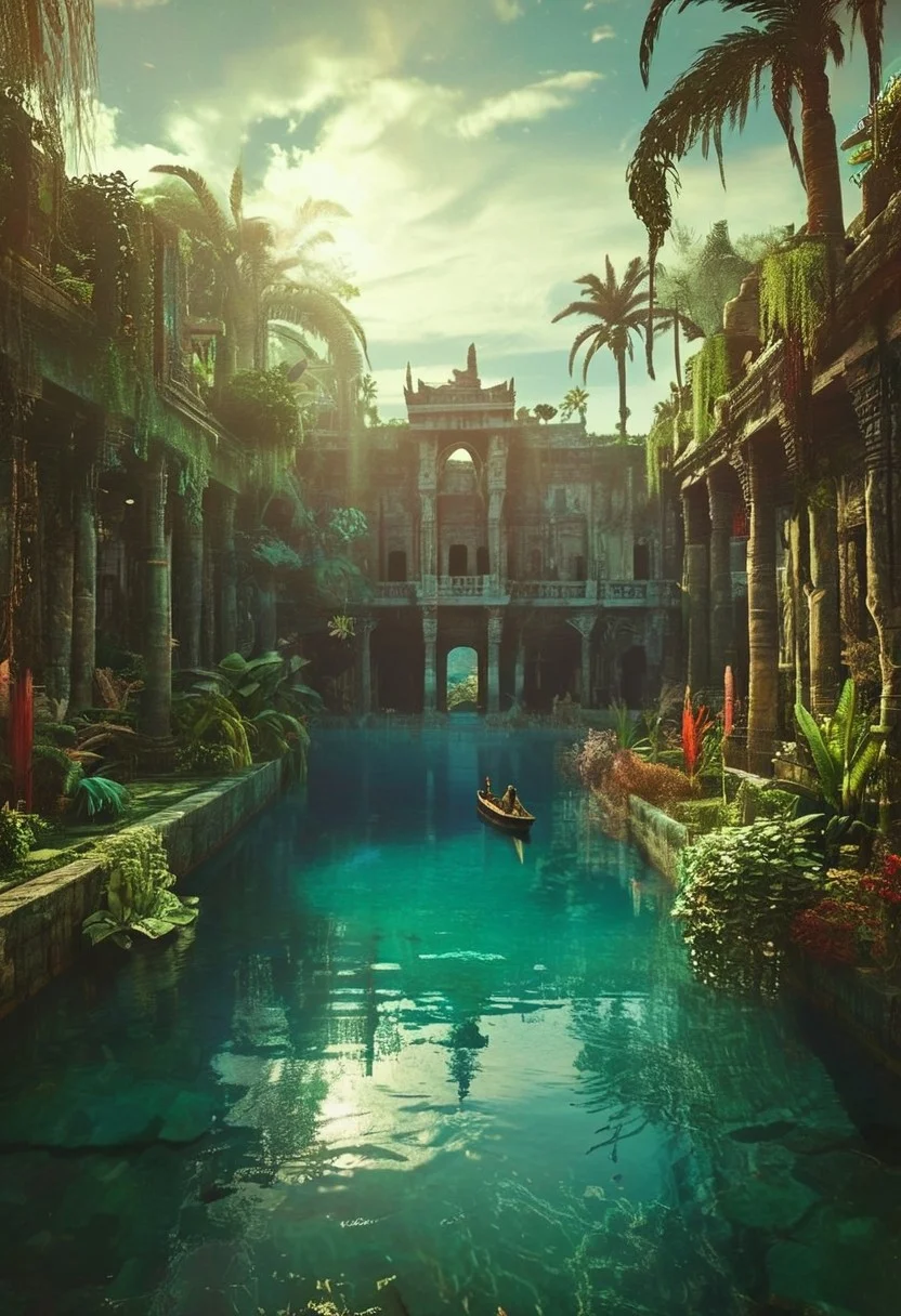 Three women stand on a boat floating in the water in front of the lush and magnificent Hanging Gardens of Babylon. The scene is captured in somber tones and a bleak atmosphere, reminiscent of dark art by an ancient artist. The women appear as if they are bathing, evoking the image of a female Atlas. The boat is a massive wooden galley with vibrant yet bleaked translucent red sails, adorned with an ancient Atlantean emblem. The galley floats quietly on a calm, pale sea under a nearly clear sky with few clouds, in sweltering heat.
The background is detailed and atmospheric, with a haze adding to the cinematic quality of the image. The overall mood is epic and moody, with a high-budget, cinemascope feel. The image has a film grain and is very detailed, reminiscent of a 2000s vintage RAW photo, with a photorealistic, candid camera effect. The color grading is cinematic, with eye-catching light and natural imperfections, captured with a shallow depth of field.
The Hanging Gardens are depicted as immense, lush terraces with cascading steps around a vibrant crystal turquoise and deep blue tiled swimming lake, inviting one to take a bath. The gardens are lavishly adorned with marble and crafted from the finest stones. The pastel-hued tiled steps are teeming with exotic plants, creating a vibrant and verdant paradise. Birds flit gracefully among the foliage, enhancing the enchanting ambiance of this ancient marvel.