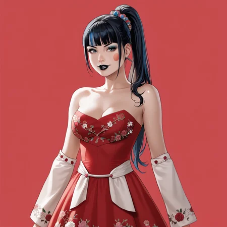 <lora:punchline_pony_v1:.8> Punchline, 1girl, black hair, medium breasts, ponytail,  long hair,  bangs, multicolored hair,, black lipstick,eyeshadow, cowboy shot, <lora:1007 Chinese wedding dress_v1_pony:1> ruanyi1007,bare shoulders,detached sleeves,red dress,floral print,strapless dress,