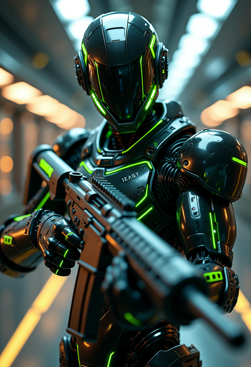 A high-end close-up portrait of a bipedal robot battle unit, rendered with intricate detail in a futuristic, splash-art style. The robot is clad in sleek black and neon green power armor, with glowing lines of energy pulsing through its joints and circuits. The cybernetic helmet is highly detailed, featuring sharp edges, glowing optics, and various technological enhancements, giving it an imposing, combat-ready appearance. The robotâs powerful arms hold an assault rifle, aimed directly at the viewer, with its finger hovering over the trigger. The weapon itself is crafted with precision, adorned with high-tech features and glowing neon accents that match the armor. The setting is the deck of a futuristic starship, visible in the blurred background, with glowing lights and advanced control panels surrounding the scene. The lighting is dramatic, casting sharp highlights and deep shadows across the robotâs armor, enhancing its menacing presence. Neon green glows accentuate the joints, circuits, and edges of the armor, adding a dynamic, cyberpunk aesthetic. The overall composition is sharp and detailed, evoking a sense of power, readiness for battle, and futuristic warfare. The splash-art style brings the image to life with bold colors, sharp contrasts, and an energetic, dynamic atmosphere, making the scene feel intense and immersive. This 8K, ultra-detailed artwork combines elements of high-tech design, cyberpunk influences, and futuristic combat, creating a visually striking and powerful image.