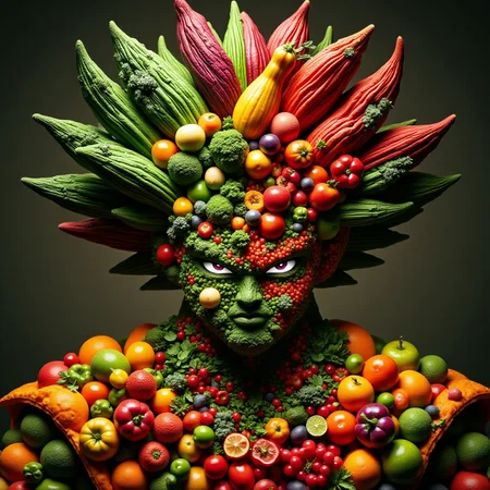 ultra hd optical illusion and, optical vision, a display of fruits and vegetables, if you look closely you can see Goku's face taking shape, a beautiful symbiosis between Goku and the plant elements,