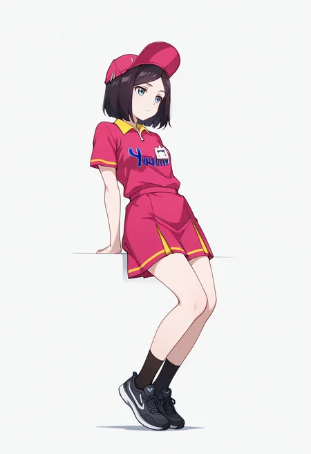 masterpiece,high quality details, absurdres,
 <lora:Sara_Takahashi:0.8> 
sara_cnr,1girl, black hair, bob cut,  short hair, bangs, blue eyes,
 sara_s1, employee uniform,pink shirt, short sleeves,pink skirt, hat,black socks,black sneakers,, simple background, white background, front view,solo,, pensive,disdain,, standing pose,slight torso twist,hands touching toes,