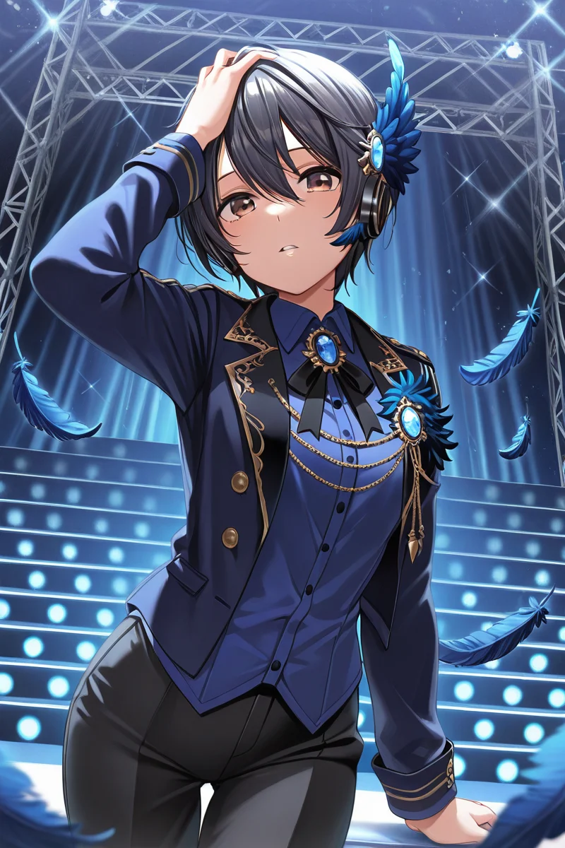 masterpiece, best quality, amazing quality,
 <lora:Aoi_IL:1> aoi, solo, 1girl, black hair, looking at viewer, hand on own head, shirt, jacket, parted lips, feathers, brown eyes, blue shirt, pants, long sleeves, hair between eyes, hair ornament, black pants, blue feathers, stage outfit
