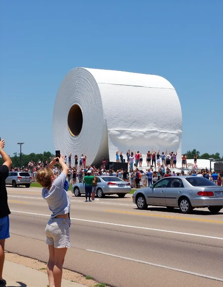 Photo depicting a surreal scene at a "world's largest roll of toilet paper" roadside attraction, along with people taking photos of it and cars parked near it.