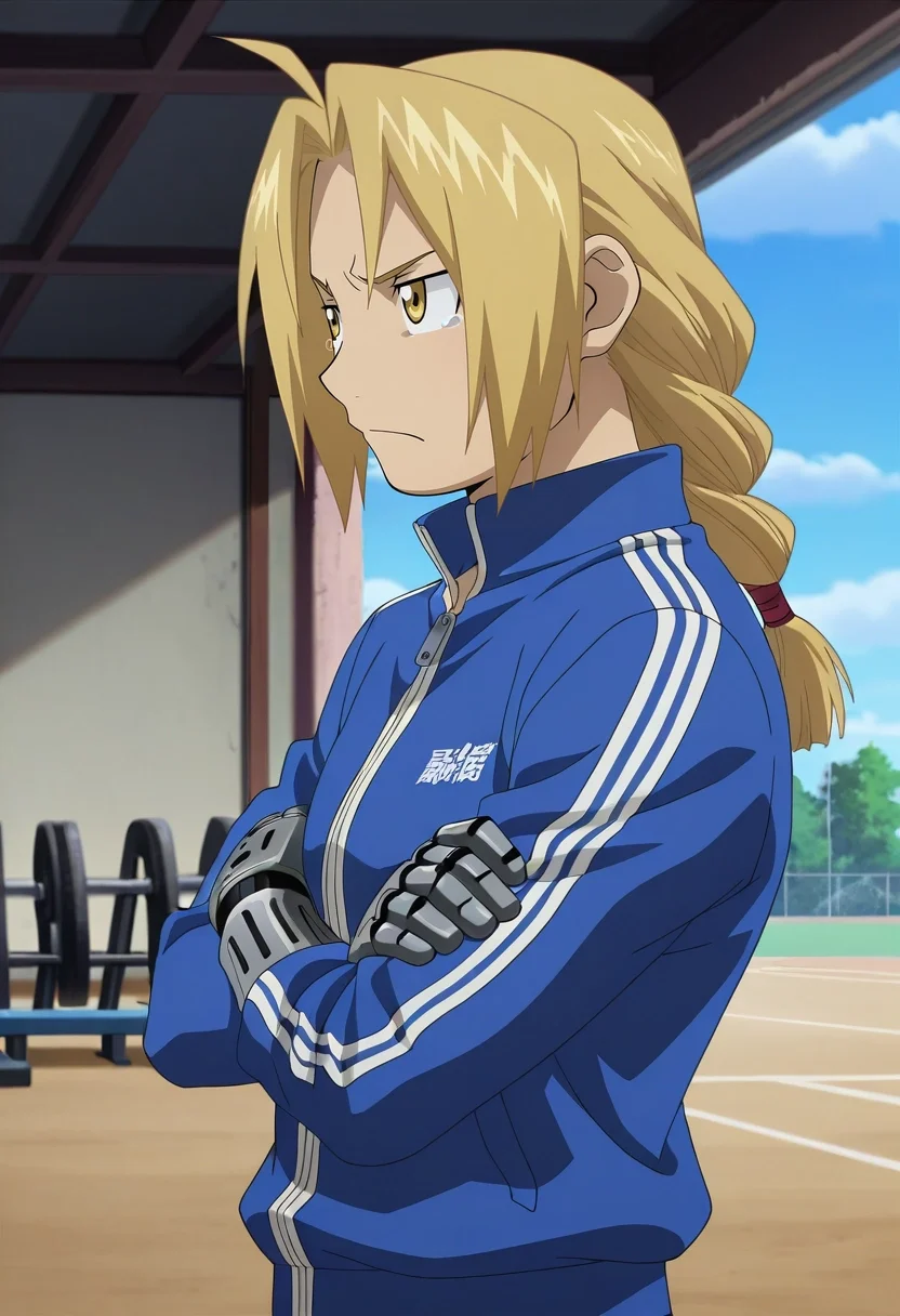 masterpiece, best quality, , anime screencap, anime coloring, official style, , 1boy, solo, male focus, <lora:edward_elric_ilxl:0.96>, edward_elric, blonde hair, yellow eyes, single braid, braided ponytail, single mechanical arm, aged up, from side, gym, day, arms under breasts, tearing up, tracksuit,
