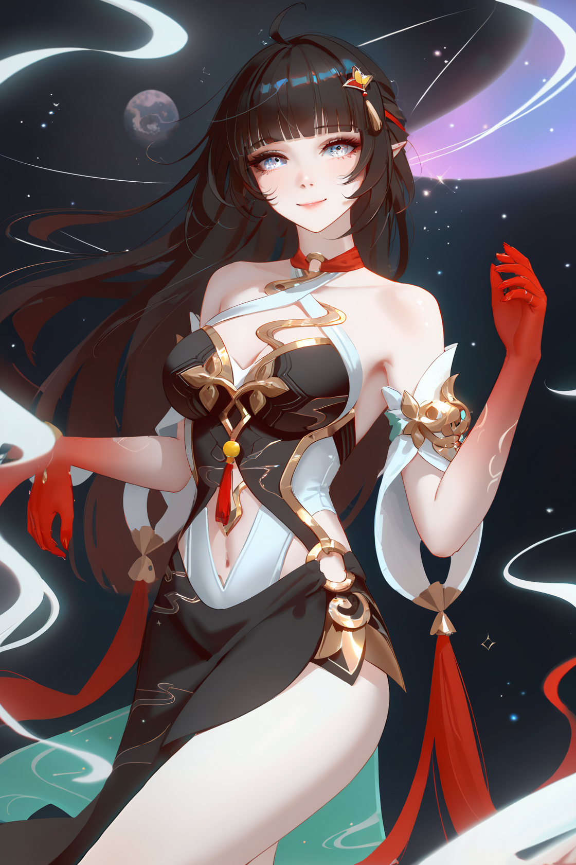 8k, best quality, masterpiece, (ultra-detailed), (high detailed skin), 
beautiful, intricate, amazing quality, very aesthetic, absurdres, masterpiece, (by nixeu, by wlop:0.7), [by raichiyo33], by anna dittmann, upper body, dynamic angle, chromatic aberration, sparkles, white eyes, slim body, cleavage, white skin, glossy skin, forehead, black and galaxy background, beautiful eyes, medium breasts, solo, happy, (black theme:0.81, <lora:lingsha-atw2-Tanger:0.8>, , lingsha, default clothes, red hands, red feet, black dress, 1girl, long hair, black hair, breasts, ahoge, high heels,,