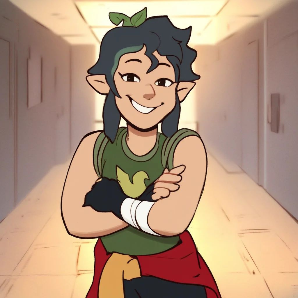 score_9, score_8_up, score_7_up, score_6_up, score_5_up, score_4_up, masterpiece, high quality, detailed, Pandora, plus-sized, muscular, pale skin, pointy ears, green hair, plant on head, Shirt around waist, bandage on left wrist, black fingerless gloves, green tank top, black pants, (((high resolution))), looking at viewer, smile, (cowboy shot, perfect hands), school hallway, standing, smiling, seductive, looking at viewer, crossed arms, looking at viewer,