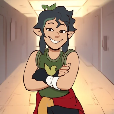 score_9, score_8_up, score_7_up, score_6_up, score_5_up, score_4_up, masterpiece, high quality, detailed, Pandora, plus-sized, muscular, pale skin, pointy ears, green hair, plant on head, Shirt around waist, bandage on left wrist, black fingerless gloves, green tank top, black pants, (((high resolution))), looking at viewer, smile, (cowboy shot, perfect hands), school hallway, standing, smiling, seductive, looking at viewer, crossed arms, looking at viewer,