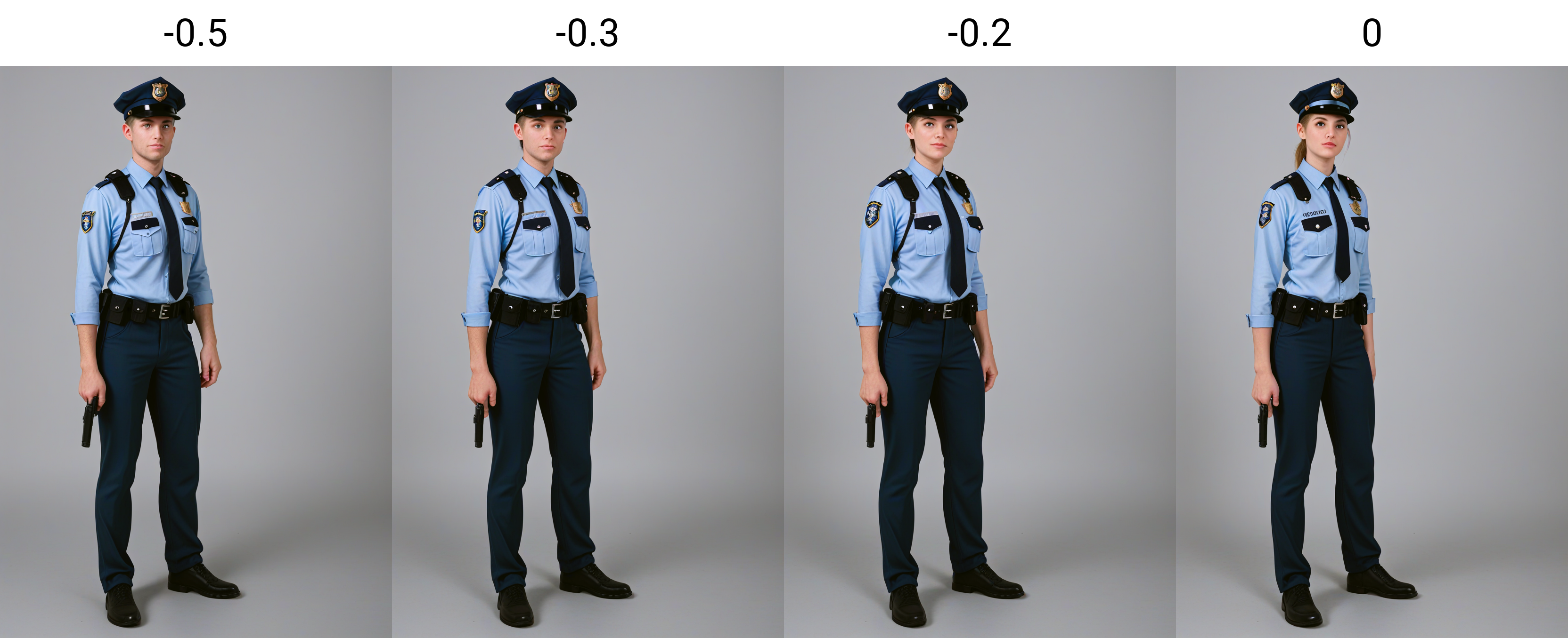 <lora:Gender Swap_alpha1.0_rank4_noxattn_last:-0.5>, person,  human,  full body shot, wearing police uniform, portrait, best quality,