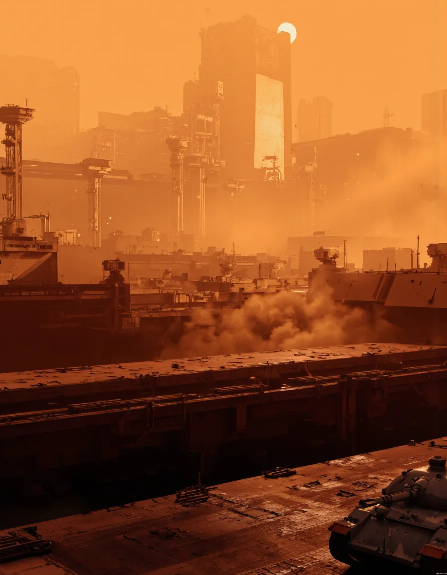 By Paul Chadeisson. A digital illustration shoot from a far camera angle about a futuristic industrial landscape during sunset, featuring a large industrial area filled with tall buildings and machinery. the scene is set in a smoky, orange-hued environment, with the sun setting in the background, casting a warm glow over the scene. in the foreground, a tank vehicle is visible, partially obscured by the smoggy atmosphere. the image also shows a cityscape in the distance, with tall, industrial structures and cranes silhouetted against the orange sky. on the bottom right corner of the image, the artist's signature "paul chadelson" is visible in the bottom left corner.