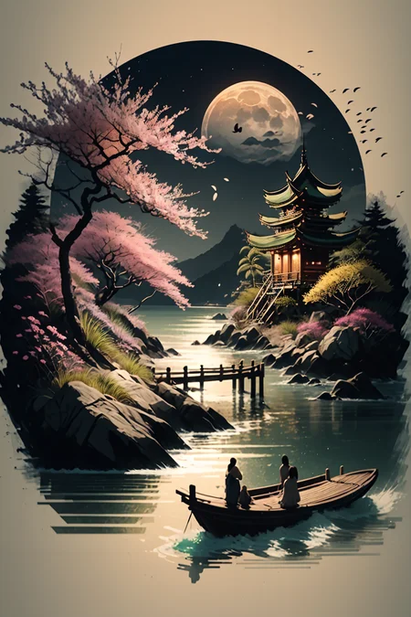 <lora:Calligraphy-ink-style-darquelilly-v1:1> calligraphyinkstyle, Asian wishing lanterns in the night sky, cherry blossom trees, a beach by the sea, volumetric lighting, night time, moonlight rfelected in the water, black background, peacful atmosphere
