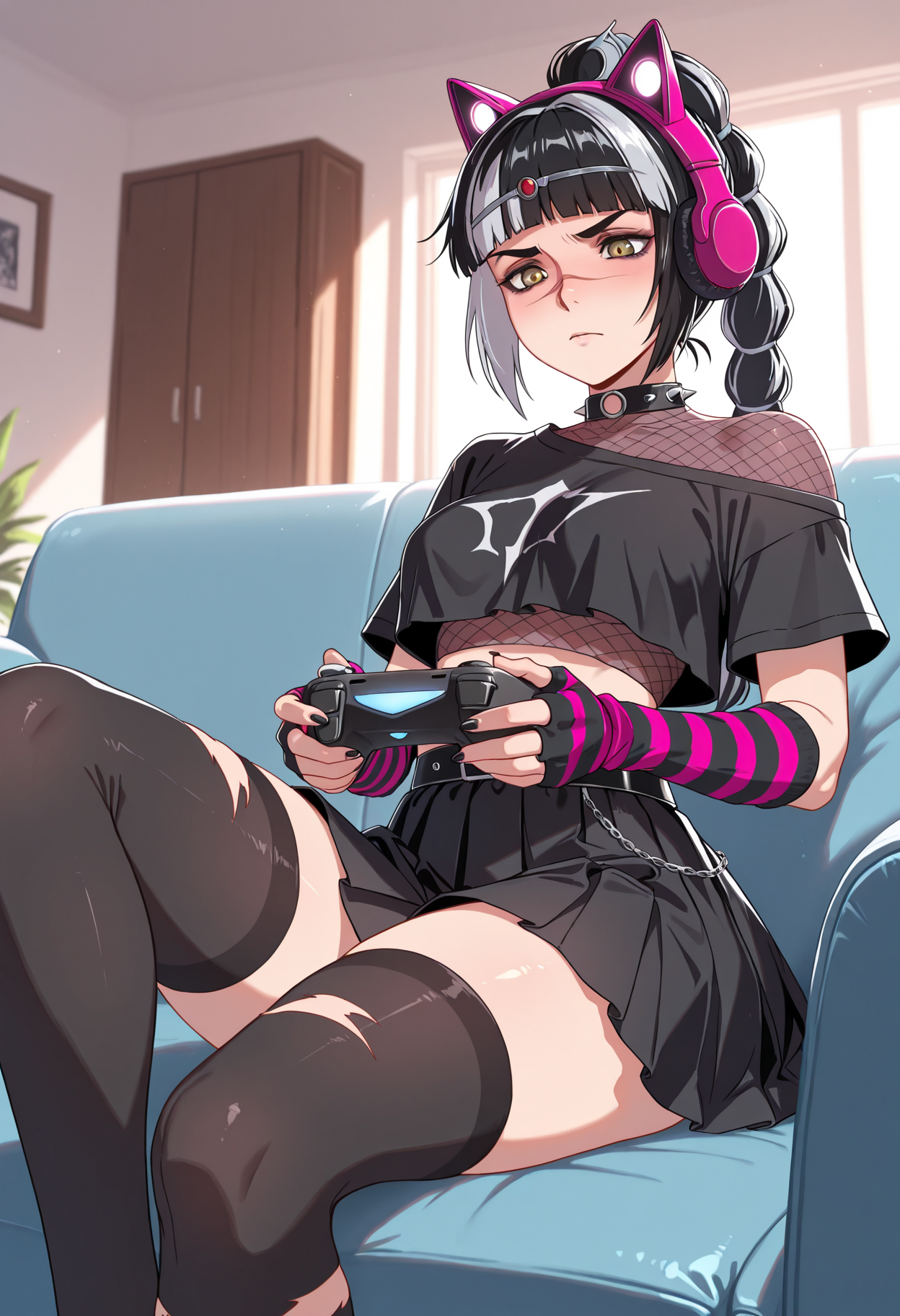 masterpiece, best quality, amazing quality, 1girl, solo, 
ggheart , scar on face,
braid, bangs, multicolored hair,
cat ear headphones, skirt, striped gloves, torn thighhighs, black skirt, crop top, fishnets, 
<lora:ggShadowheart_illustrious_byJaneB:1>
, controller, , couch, game controller,  holding controller, black skirt, indoors, ,