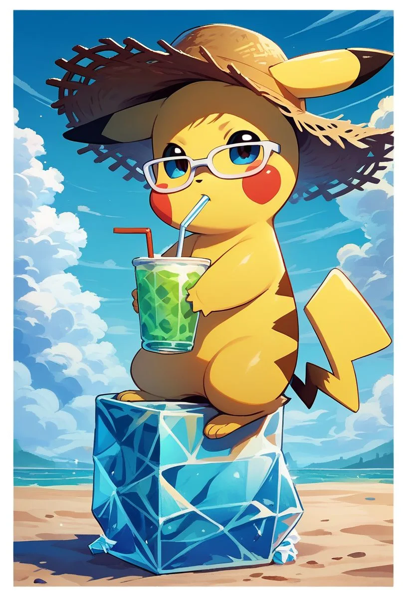 score_9, score_8_up, score_7_up, vivid bright colors,
zzPikachu, solo, animal focus, arm up, banchiku, blue sky, blush stickers, border, brown hat, cloud, cup, day, drink, drinking, drinking straw, full body, hand up, hat, holding, holding drink, ice, ice cube, jpeg artifacts, outdoors, outside border, sky, standing, straw hat, white-framed eyewear, white border