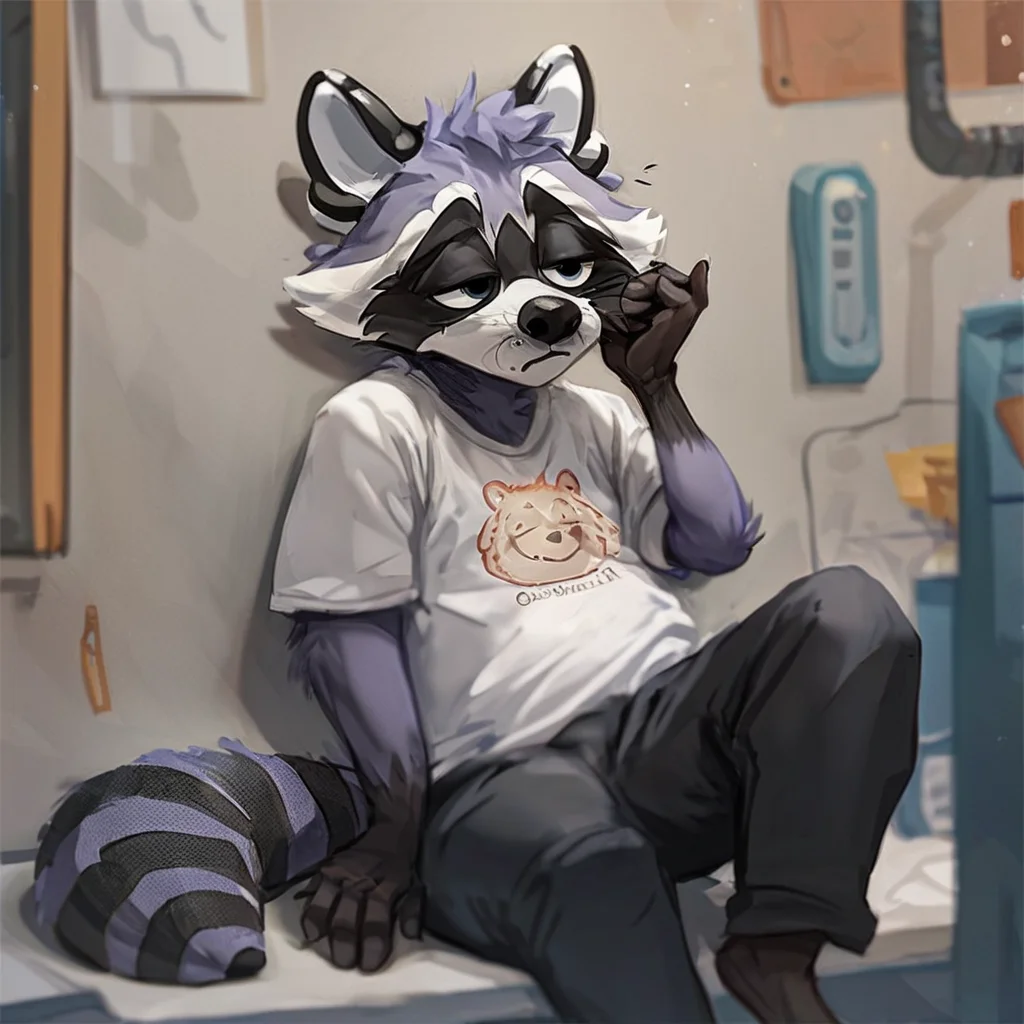 source_furry, raccoon wearing a white t-shirt and black pants, raccoon tail, drowsy, tired expression, <lora:Test 1:0.8>, score_9, score_8_up, score_7_up,