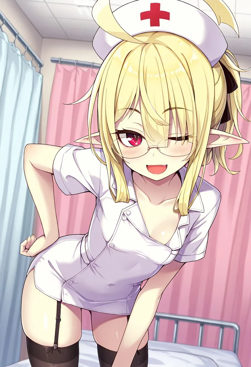 (1girl, solo) <lora:Airi_-_Ogami_Kazuki:1> airi, 1girl, blonde hair, glasses, red eyes, ahoge, hair over one eye  pointy ears,  small breasts, jewelry, smile, nurse cap, one eye closed, white dress, garter straps, thighhighs, blush, , short sleeves, ;d, black thighhighs, looking at viewer, female focus, nurse, hat, indoors, dress, hand on hip, bow, collarbone, infirmary, ,(skindentation:1.2), shiny skin, shiny body, shiny hair, (best quality) , (highly detailed) ,((masterpiece)), ((best quality)), (ultra-detailed), ((extremely detailed)), (high resolution), 4K, (8K), best quality, (beautiful), (super detailed skin), sharp focus,detailed eyes、,