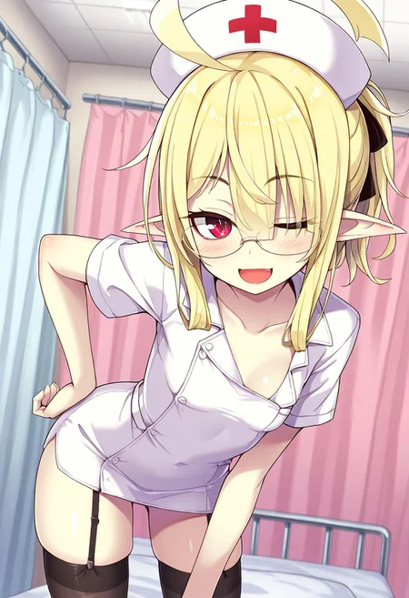(1girl, solo) <lora:Airi_-_Ogami_Kazuki:1> airi, 1girl, blonde hair, glasses, red eyes, ahoge, hair over one eye pointy ears, small breasts, jewelry, smile, nurse cap, one eye closed, white dress, garter straps, thighhighs, blush, , short sleeves, ;d, black thighhighs, looking at viewer, female focus, nurse, hat, indoors, dress, hand on hip, bow, collarbone, infirmary, ,(skindentation:1.2), shiny skin, shiny body, shiny hair, (best quality) , (highly detailed) ,((masterpiece)), ((best quality)), (ultra-detailed), ((extremely detailed)), (high resolution), 4K, (8K), best quality, (beautiful), (super detailed skin), sharp focus,detailed eyes、,