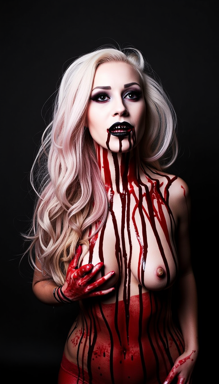 B100dY. The image is a high-contrast, dramatic photograph of a person with a striking, gothic aesthetic. The subject is a person with a pale complexion, sporting long, voluminous, wavy hair in an off-white color, heavily styled and falling over their shoulders. Their hair is tinged with a slight pink hue, adding to the eerie, ethereal quality of the scene. 

The person's face is painted in a death's head makeup, with dark, smoky eye makeup and black lipstick, giving them a sinister, undead appearance. Their eyes are heavily lined with black eyeliner, and their mouth is open, showing teeth that are painted black, contributing to the overall macabre look. 

The person's body is covered in a dark, syrupy substance that drips down their torso and arms, creating a gruesome, splatter effect. The substance is a deep, dark red color, contrasting starkly against their pale skin.