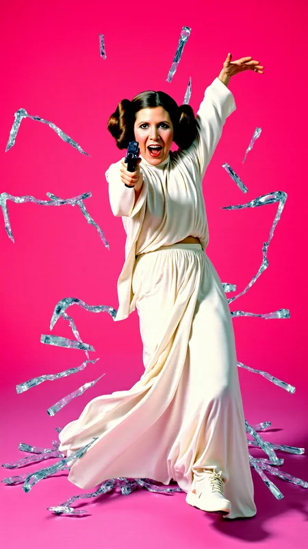 <lora:Carrie_Fisher_Flux:1.2> <lora:Hand v2:1> A dynamic, high-energy scene captures Carrie Fisher as Princess Leia Organa holding a blaster from starwars pointed at viewer in a fierce pose, mid-action as she bursts through a shattered glass surface, shards flying in all directions. Perfect hands. The background is a solid, vivid HotPink, creating a stark, intense contrast with the sharp, reflective fragments of glass. She's a young woman with fair skin and brown hair styled in two large, round buns, dressed in her iconic white, floor-length gown, which features a high neck and long, flowing sleeves. Her body is marked with small cuts from the glass, droplets of blood glistening under the light. Her expression is one of pure fury, his eyes locked onto the viewer as if they are the target of her rage. Her pose is explosive, one leg extended forward as if sheâs leaping through the air, his arms raised defensively or ready to strike. The glass shards around him are frozen in mid-air, their jagged edges catching the light and creating a chaotic, almost surreal effect. The HotPink background amplifies the intensity of the moment, evoking a sense of danger and raw emotion. The atmosphere is charged with adrenaline, the aftermath of his violent breakthrough palpable in every detail. The image feels as if itâs happening directly in front of the viewer, Carrie Fisher as Princess Leia Organaâs momentum and the flying glass creating a sense of immediacy and immersion. Itâs a moment of chaos and power, a snapshot of rage and determination frozen in time. The combination of the HotPink backdrop, the sharp glass, and Carrie Fisher as Princess Leia Organaâs fierce expression makes for a visually striking and emotionally charged composition. She goes forward, driven by duty and the promise of glory.