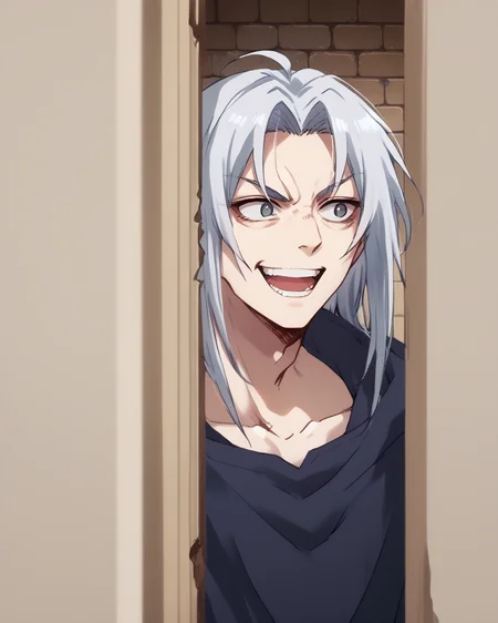 shin natsume, tenjo tenge, ah1, long hair, gray hair, parted bangs, score_9, score_8_up, score_7_up, score_6_up, source_anime, <lora:Shin_Natsume_from_Tenjo_Tenge:0.8>, gray eye, bare chest, <lora:The_shining_meme:0.8> theshining, open mouth, smile, teeth, looking away, 1boy, parody, male focus, meme, <lora:PeekingOut_pdxl_Incrs_v1:0.8> peeking out, upper body, wall,