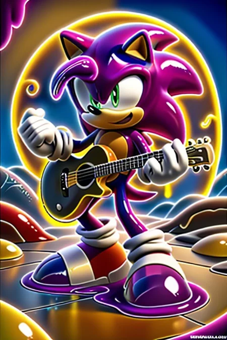Create a vibrant, high-energy scene featuring Sonic the Hedgehog playing a guitar. Sonic is posing in a dynamic, rockstar stance, with his iconic red shoes and white gloves contrasting against the colorful, gooey slime.
The guitar is covered in a thick, translucent layer of slime-morph that's dripping and oozing down the instrument's body. The slime is a bright, electric green and is adorned with colorful, swirling patterns that match Sonic's energetic personality.
The scene is set against a bright, sunny background with a hint of a cityscape or a futuristic landscape. The atmosphere is lively and energetic, with bold, dynamic lines and vibrant colors that match Sonic's speed and personality.
The image should have a stylized, cartoonish feel with bold lines, vibrant colors, and a sense of dynamic movement. Sonic and the slime guitar should be depicted in a fun, exaggerated manner, with a focus on conveying energy, excitement, and rockstar attitude.