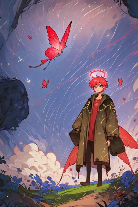 score_9, score_8_up, score_8, medium breasts, (curvy), cute, eyelashes, BREAK, , BREAK, solo, short_hair, long_sleeves, 1boy, standing, full_body, male_focus, outdoors, wings, sky, pants, tree, coat, night, glowing, halo, grass, bug, butterfly, arms_at_sides, brown_coat, bare_tree, butterfly_wings, <lora:NebulaNoir:1.0>, , BREAK, smile, looking at viewer, cowboy shot, embedding:zPDXL, Expressiveh, <lora:SDXLFaeTastic2400:0.5>, <lora:Expressive_H-000001:0.4>,