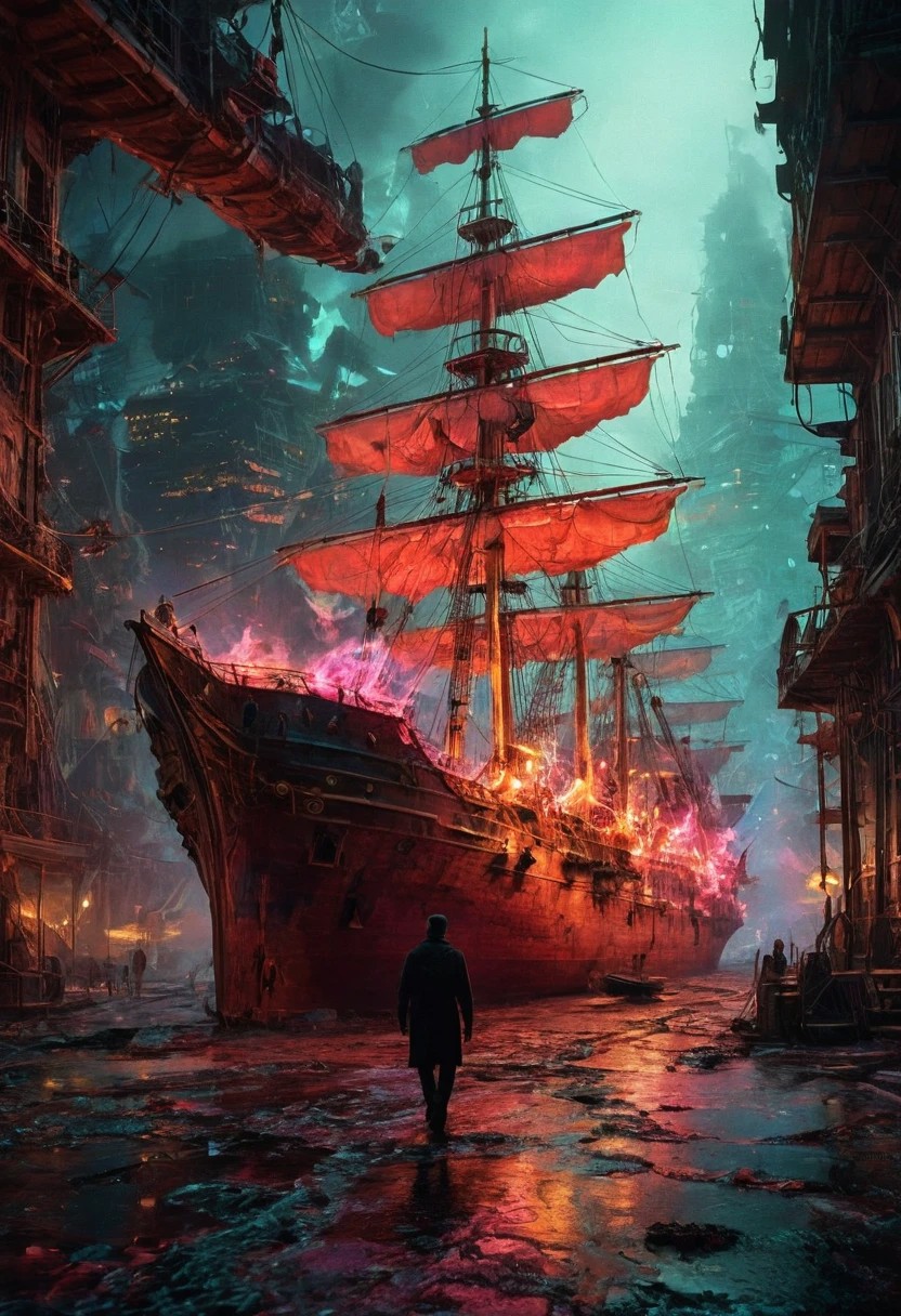 A lone figure, races mingling, and towering masted ships.  A bold color Multiple neon mystical swirls created using the artistic technique of splattering. palette of rich reds,  with shadows and effect that gives the design captivating,  light grain, distorting the sense of up and down. In this bizarre landscape, one altered element can send the entire scene careening into chaos.