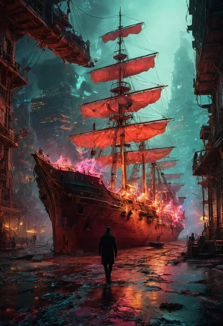 A lone figure, races mingling, and towering masted ships. A bold color Multiple neon mystical swirls created using the artistic technique of splattering. palette of rich reds, with shadows and effect that gives the design captivating, light grain, distorting the sense of up and down. In this bizarre landscape, one altered element can send the entire scene careening into chaos.