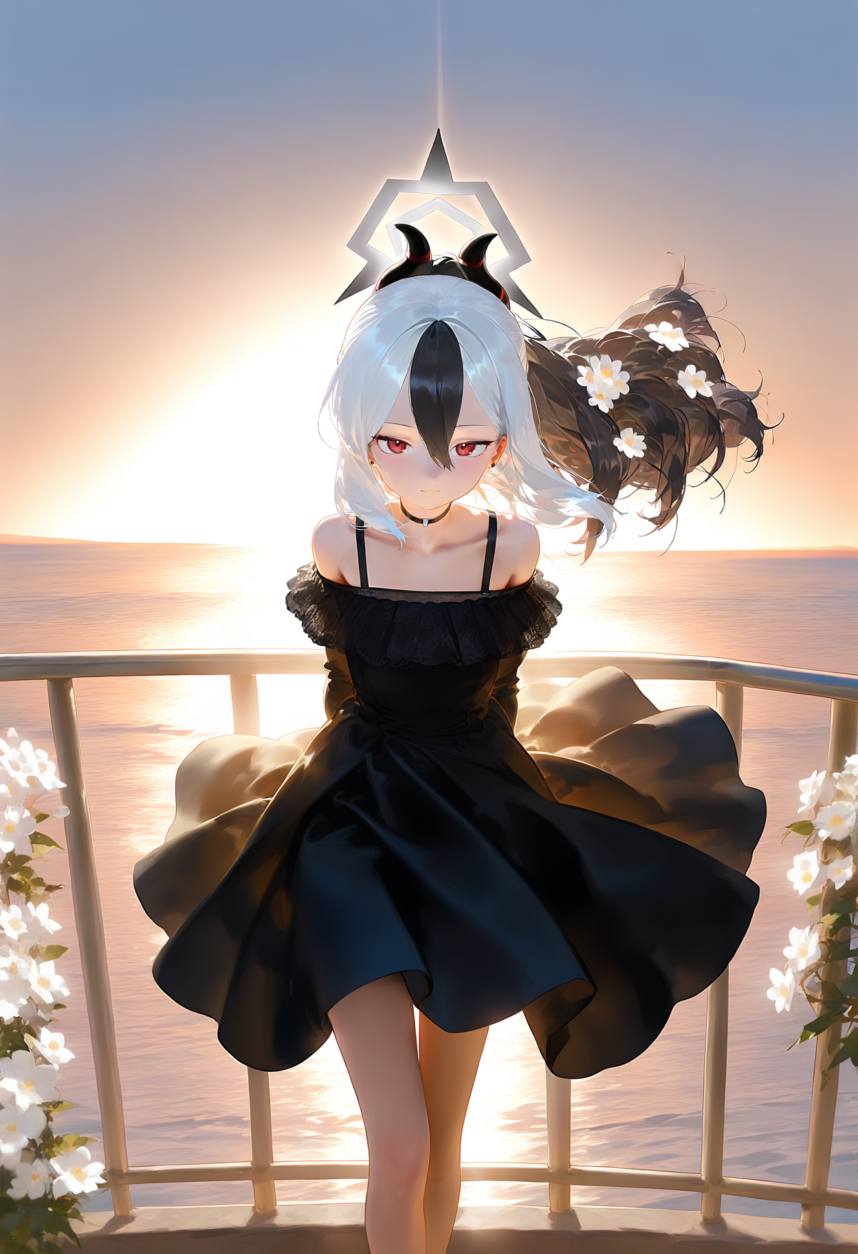 1girl, kayoko \(blue archive\), solo, dress, red eyes, horns, multicolored hair, black hair, white hair, flower, looking at viewer, choker, halo, two-tone hair, ponytail, arms behind back, black choker, hair between eyes, smile, off shoulder, bare shoulders, ocean, backlighting, bangs, outdoors, railing, black dress, white flower, collarbone, off-shoulder dress, long hair, demon horns, closed mouth, wind, feet out of frame, standing, floating hair, sunset, alternate costume <lora:nyaliaXL_NBVP1_lokr_V6311P:0.95>