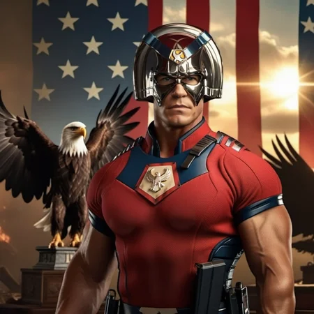cinematic photo,Peacemaker1024 , a muscular man with helmet and a red shirt, full body, baldeagle, american flag background, highly detailed ,ultra sharp, photograph, film, bokeh, professional, 4k, highly detailed <lora:Peacemaker1024:0.8>