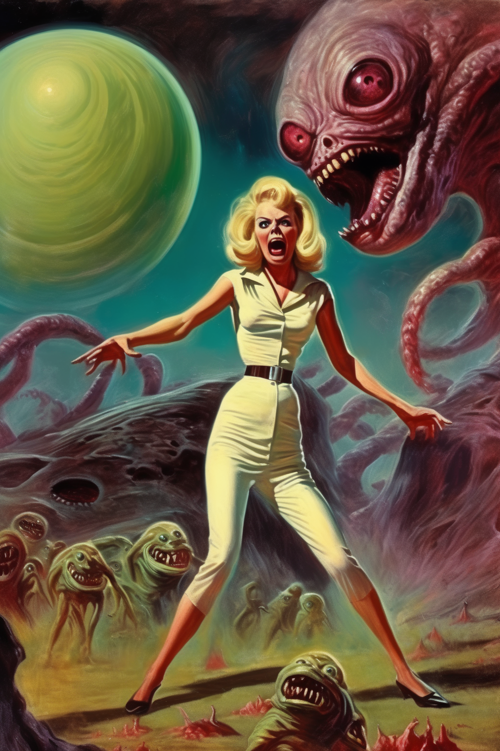 <lora:Richard Hescox Style:1>Richard Hescox Style - Scary planet landscape with saturn in the sky, scary slimy tentacle monsters aliens, a full body closeup of a screaming blonde woman wearing 1960s clothes, horror, dark atmosphere, painting