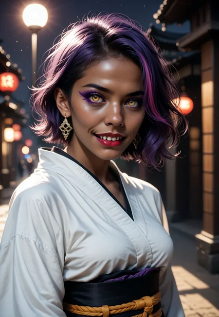 safe_pos, vdfp1, 1girl, dark skin, dark-skinned female, earrings, fangs, japanese clothes, jewelry, kimono, lips, lipstick, looking at viewer, makeup, medium breasts, multicolored hair, nose, obi, open mouth, purple hair, purple lips, sash, short hair, solo, teeth, two-tone hair, upper body, white hair, yellow eyes, , fantasy vibes, spotlight, rembrandt lighting, neon sparkles, MXAA, ultrasharp,, BREAK Score_PnyReal