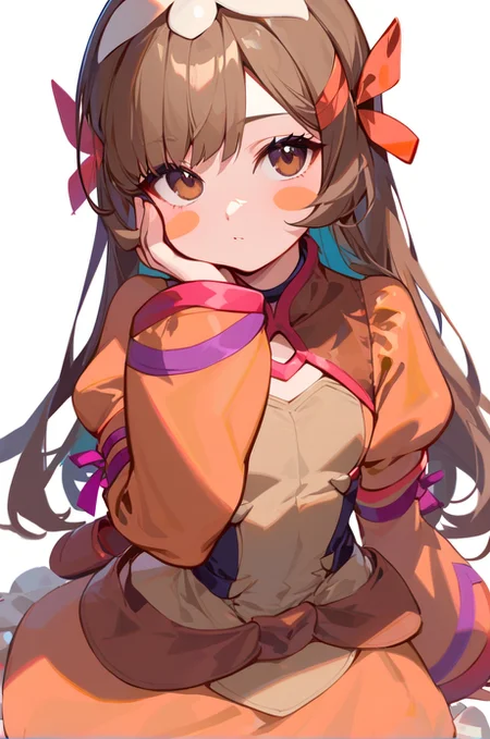 <lora:HandFineTuning_XL:1>
score_9, score_8_up, score_7_up, source_anime, masterpiece,best_quality,
BREAK,
simple background
cowboy shot, upperbody, flat chest
BREAK,
pointing on cheek, looking up, thinking, pink blush sticker,
BREAK,
<lora:remii_autismConfetti_v03:1.2>
remiibase, brown hair, bangs, brown eyes, sidelocks, long hair,
long sleeves, puffy sleeves, orange dress,, zPDXL