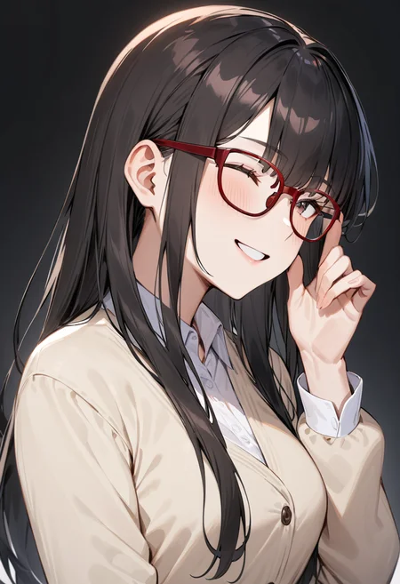 masterpiece, best quality, very aesthetic, absurdres,
1girl, solo, black hair, long hair,
Wellington22A, glasses, red-framed eyewear,
collared shirt, happy, smile, looking at another, adjusting eyewear, white background, simple background,
<lora:glasses_Wellington_cellframe1_SDXL_V1:0.8>