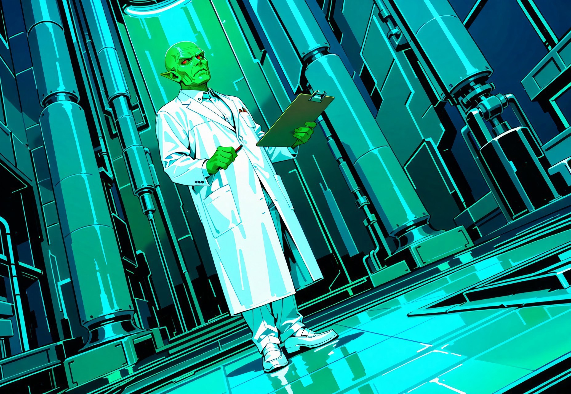 masterpiece, best quality, amazing quality, very aesthetic, absurdres, newest, drvenoilxl holding a pad clip board, 1boy, red eyes, male focus, pointy ears, green skin, ((looking up)), ((white buttoned coat)), ((long lab coat)) bald,  (((old man))),  wrinkles, alien, full body,  standing pose, ((plain background)), ((((solo)))), scowl, white loafers, ((white collar)), ((buttoned collar)), white pants, scifi factory background, factory background, science fiction background, dutch angle, looking at viewer