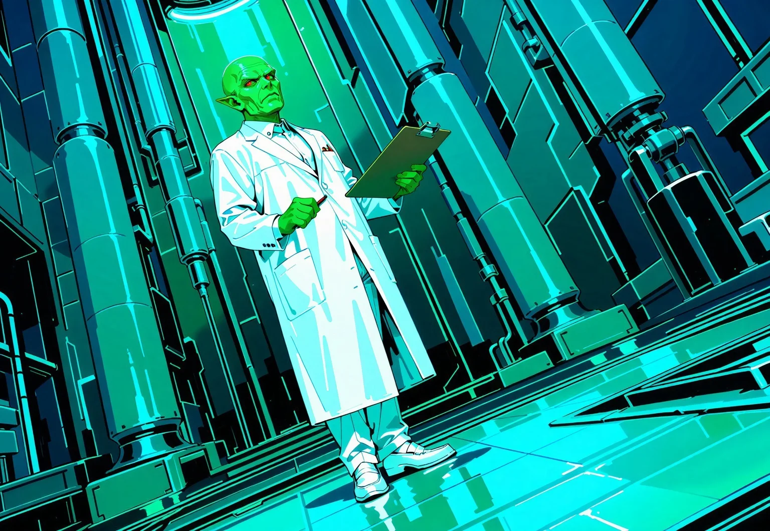 masterpiece, best quality, amazing quality, very aesthetic, absurdres, newest, drvenoilxl holding a pad clip board, 1boy, red eyes, male focus, pointy ears, green skin, ((looking up)), ((white buttoned coat)), ((long lab coat)) bald, (((old man))), wrinkles, alien, full body, standing pose, ((plain background)), ((((solo)))), scowl, white loafers, ((white collar)), ((buttoned collar)), white pants, scifi factory background, factory background, science fiction background, dutch angle, looking at viewer