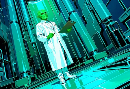 masterpiece, best quality, amazing quality, very aesthetic, absurdres, newest, drvenoilxl holding a pad clip board, 1boy, red eyes, male focus, pointy ears, green skin, ((looking up)), ((white buttoned coat)), ((long lab coat)) bald,  (((old man))),  wrinkles, alien, full body,  standing pose, ((plain background)), ((((solo)))), scowl, white loafers, ((white collar)), ((buttoned collar)), white pants, scifi factory background, factory background, science fiction background, dutch angle, looking at viewer