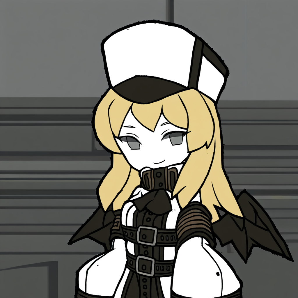 lobotomy corporation (style), solo, 1girl, layered sleeves, coat, straitjacket, bracelet, smile, ascot, grey eyes, belt, fingerless gloves, black vest, wings, hat, ash blonde hair