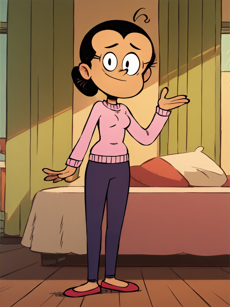 maria, solo, black hair, ahoge, 1girl, hair bun, pink sweater, purple pants,red footwear, score_9, score_8_up, score_7_up, score_6_up, score_5_up, score_4_up, looking at viewer, indoors, curtains, <lora:MariaSantiagoPony1.0:1>