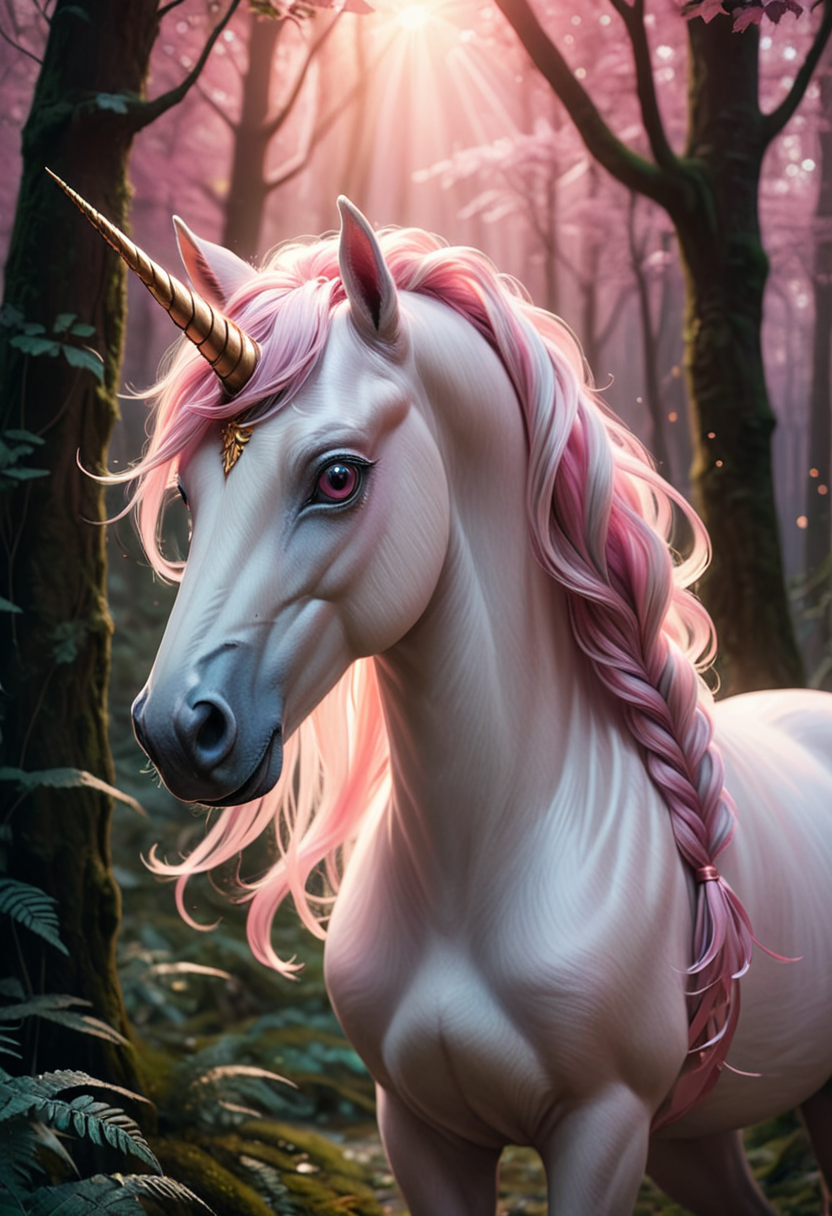 (medium full shot) of (serene delicate unicorn), light brown eyes, pastel pink bioluminescent coat, long horn, braided mane, silver hoofs flowing ribbons, set in  a vibrant enchanted forest, featuring bright foliage, magical creatures, a lively ambiance, during a sunset, ,Masterpiece,best quality, raw photo, realistic, very aesthetic