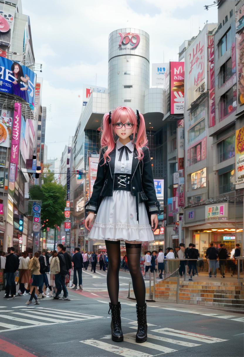 score_9, score_8_up, score_7_up, rating_safe, masterpiece, best quality, absurdres, unity 8k wallpaper, official art, official style, source_anime, uncensored, game cg, megami magazine,
1girl, glasses, pink hair, twintails, blouse, black ribbon, cross-laced clothes, frilled skirt, black legwear, lace-up boots, looking at another, standing, solo focus,
shibuya109, storefront, city, real world location, street, building, road, crosswalk, scenery, outdoors, sign, 6+boys, photo background, traffic light, cityscape, people, multiple girls, skyscraper
 <lora:shibuya109_pony_V1:1>