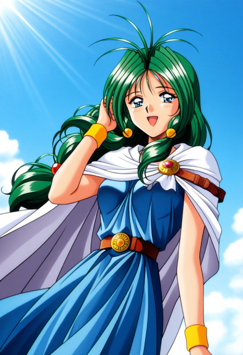 masterpiece, best quality, amazing quality, very aesthetic, high resolution, 1girl, cowboy shot, anime-style, digital art, high resolution, cute girl, smiling, sunlight, bright, clear sky, blue sky, clouds, daytime, outdoor, wind blowing her hair, dynamic pose, cheerful mood, light reflections, detailed background, high quality, beautiful, attractive, light rays, bright lighting, sky, joyful, happy, energetic, bright atmosphere, detailed shading, anime aesthetics, vibrant, lively, braid, jewelry, belt, cape, blue dress, wristband, retro artstyle, 1990s \(style\), 
clairemm, blue eyes, green hair, antenna hair, long hair, low-tied long hair, hair bobbles, medium breasts, mature female,