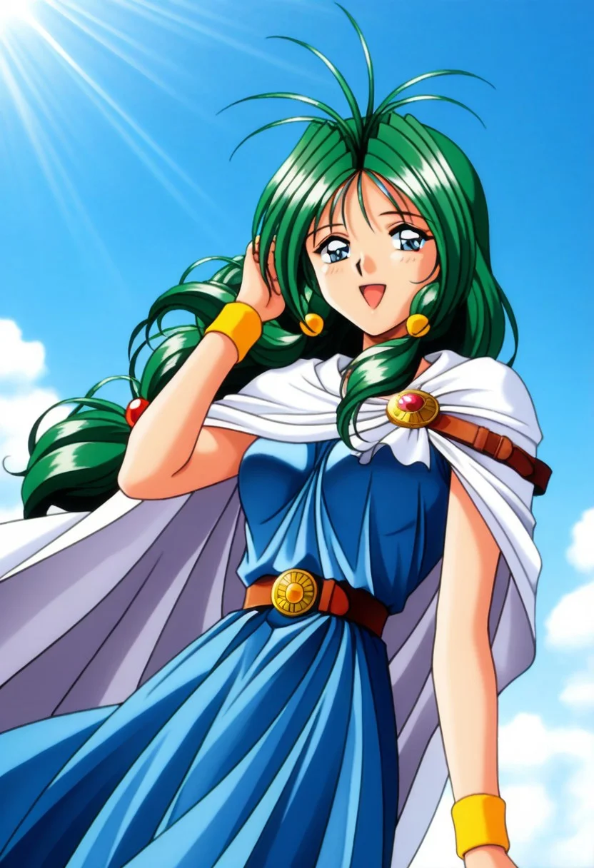masterpiece, best quality, amazing quality, very aesthetic, high resolution, 1girl, cowboy shot, anime-style, digital art, high resolution, cute girl, smiling, sunlight, bright, clear sky, blue sky, clouds, daytime, outdoor, wind blowing her hair, dynamic pose, cheerful mood, light reflections, detailed background, high quality, beautiful, attractive, light rays, bright lighting, sky, joyful, happy, energetic, bright atmosphere, detailed shading, anime aesthetics, vibrant, lively, braid, jewelry, belt, cape, blue dress, wristband, retro artstyle, 1990s \(style\),
clairemm, blue eyes, green hair, antenna hair, long hair, low-tied long hair, hair bobbles, medium breasts, mature female,