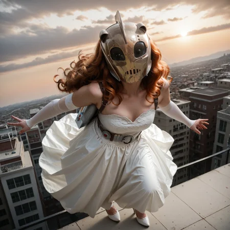 score_9, score_8_up, score_7_up,1girl, solo, tank top, rating_safe, realism, film,
(d4rk3r1n wearing rocketeer helmet, silver rocketpack) belt, harness, covered face,
BREAK
solo, high quality, 4k, standing, white strapless dress, long dress, white elbow gloves, standing on rooftop, white high heels, dynamic angle, sunset, holding gun, Mauser C96, orange hair, wavy hair:0.5, very long hair, mysterious woman, incredibly lifelike, zeppelin in the sky